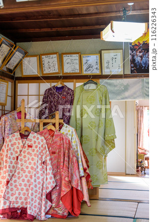 Traditional Heian Period costumes for rent at the Daimonzaka rest area in Kumano Kodo Pilgrimage Route in Wakayama prefecture of Japan 116226343