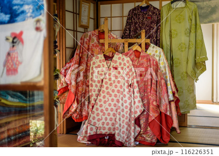 Traditional Heian Period costumes for rent at the Daimonzaka rest area in Kumano Kodo Pilgrimage Route in Wakayama prefecture of Japan 116226351