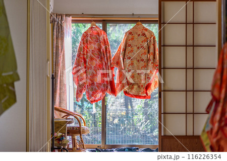 Traditional Heian Period costumes for rent at the Daimonzaka rest area in Kumano Kodo Pilgrimage Route in Wakayama prefecture of Japan Traditional Heian Period costumes for rent at the Daimonzaka rest area in Kumano Kodo Pilgrimage Route in Wakayama prefecture of Japan 116226354