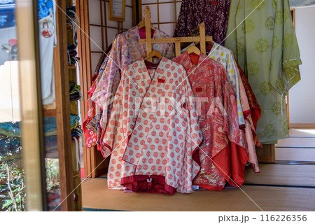 Traditional Heian Period costumes for rent at the Daimonzaka rest area in Kumano Kodo Pilgrimage Route in Wakayama prefecture of Japan 116226356