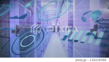 Image of wave patterns over graphs, circles, globe and soundwaves against server room Image of wave patterns over graphs, circles, globe and soundwaves against server room 116226366