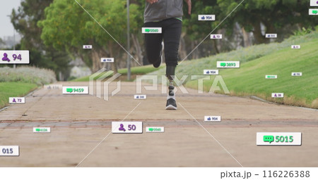 Image of notifications, low section of african american man with prosthetic leg running in park 116226388