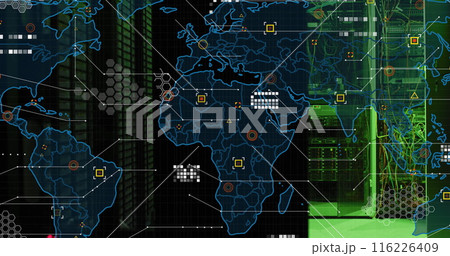 Image of world map and data processing against computer server room Image of world map and data processing against computer server room 116226409