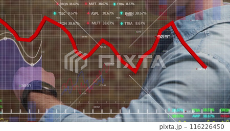 Image of stock market data processing over mid section of caucasian man using smartwatch Image of stock market data processing over mid section of caucasian man using smartwatch 116226450