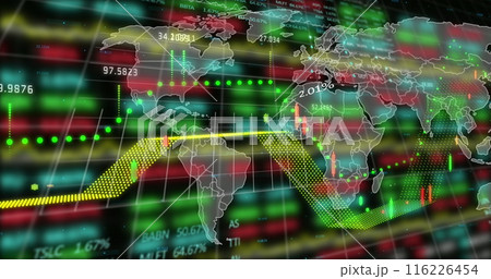 Image of financial and stock market data processing over world map against black background Image of financial and stock market data processing over world map against black background 116226454