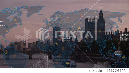 Image of world map and data processing against aerial view of london city Image of world map and data processing against aerial view of london city 116226463