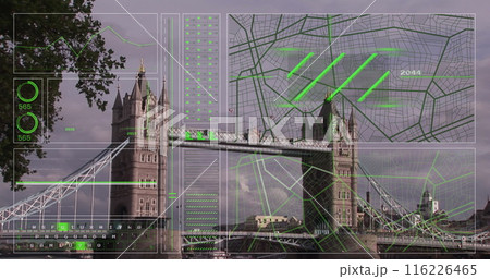 Image of interface with data processing against view of london bridge 116226465