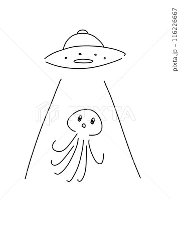 UFOに連れ去られそうなタコ型宇宙人のイラスト 線画 116226667