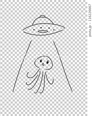 UFOに連れ去られそうなタコ型宇宙人のイラスト 線画 116226667