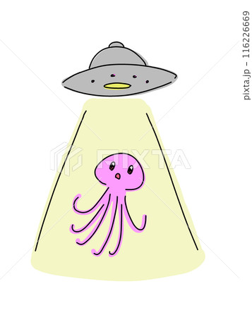 UFOに連れ去られそうなタコ型宇宙人のイラスト シンプル UFOに連れ去られそうなタコ型宇宙人のイラスト シンプル 116226669