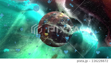 Image of network of connections with icons over globe Image of network of connections with icons over globe 116226672