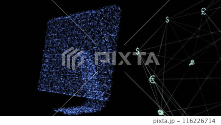 Image of glowing computer and globe with connections on black background 116226714