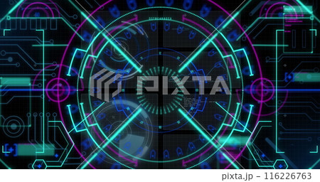 Image of interface with round scanner, microprocessor connections and data processing 116226763
