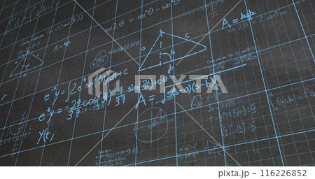 Image of mathematical equations and formulas over grid network against textured grey background 116226852