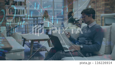 Image of stock market data processing over caucasian man taking on smartphone at office 116226914