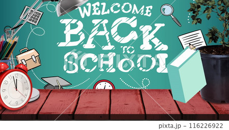 Image of welcome back to school text and school icons 116226922