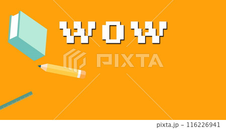 Image of wow text and pencil school icons over orange background 116226941