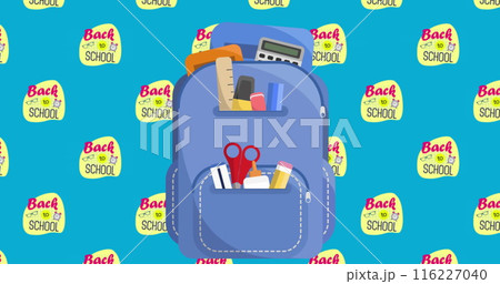 Image of back to school text and schoolbag over blue background 116227040