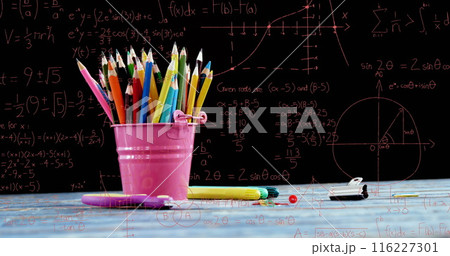 Image of mathematical data processing over school items Image of mathematical data processing over school items 116227301