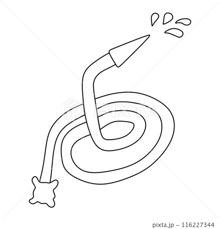 Watering hose with water drops, garden design element, doodle style vector outline for coloring book. Graphic Art of Gardening equipment isolated on White background. Firefighting Hose in linear style 116227344