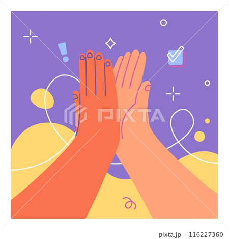 Doodle hand. High five clap. Abstract geometric shapes. Color arms gesture. Negotiation handshake. Big palms touch. Choice checkmarks. Deal agreement. Partnership slap. Vector creative square card 116227360