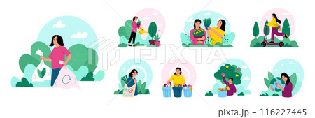 Recycle garbage. Green life. People care of Earth ecology. Waste environment. Nature ECO energy. World ecosystem. Bio power. Organic agriculture. Environmental conservation. Vector garish concepts set Recycle garbage. Green life. People care of Earth ecology. Waste environment. Nature ECO energy. World ecosystem. Bio power. Organic agriculture. Environmental conservation. Vector garish concepts set 116227445