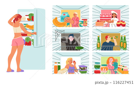 Open fridge. Refrigerator inside view. People looking at food on shelving. Kitchen storage. Midnight gluttony. Young woman choosing snacks. Empty shelf. Hungry man. Healthy eating. Vector freezers set 116227451
