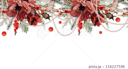 Poppy anemone flower, spruce fir tree branches cones, berries. Watercolor hand drawn illustration, seamless banner isolated on white. Xmas, happy new year festive, noel navidad holiday. Cards, gifts. Poppy anemone flower, spruce fir tree branches cones, berries. Watercolor hand drawn illustration, seamless banner isolated on white. Xmas, happy new year festive, noel navidad holiday. Cards, gifts. 116227596