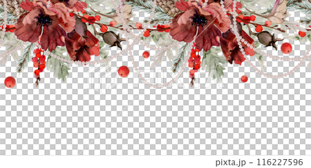 Poppy anemone flower, spruce fir tree branches cones, berries. Watercolor hand drawn illustration, seamless banner isolated on white. Xmas, happy new year festive, noel navidad holiday. Cards, gifts. Poppy anemone flower, spruce fir tree branches cones, berries. Watercolor hand drawn illustration, seamless banner isolated on white. Xmas, happy new year festive, noel navidad holiday. Cards, gifts. 116227596