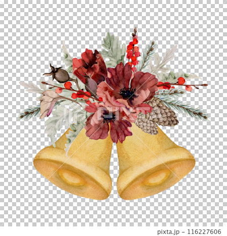 Christmas bell, Poppy anemone flower, spruce fir tree branches cones, berries. Watercolor hand drawn illustration isolated on white. Xmas, happy new year festive, noel navidad holiday. Cards, gifts. Christmas bell, Poppy anemone flower, spruce fir tree branches cones, berries. Watercolor hand drawn illustration isolated on white. Xmas, happy new year festive, noel navidad holiday. Cards, gifts. 116227606