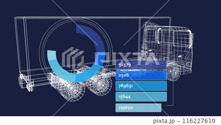 Image of data processing over 3d lorry drawing on black background Image of data processing over 3d lorry drawing on black background 116227610