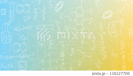 Image of science concept icons and mathematical equations against gradient background Image of science concept icons and mathematical equations against gradient background 116227700