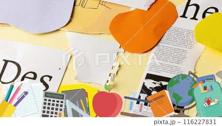 Image of school icons over paper collage 116227831