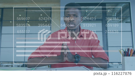 Image of changing numbers over loading bars over african american man talking on image call 116227876