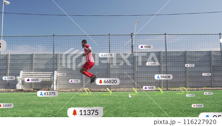 Image of multiple notification bars over biracial soccer player doing jumping drill before match Image of multiple notification bars over biracial soccer player doing jumping drill before match 116227920