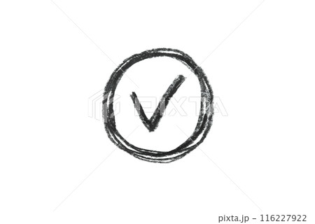 A black pencil sketch of a check mark symbol isolated on a white background. 116227922