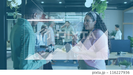 Image of graphs and loading bar, diverse coworkers discussing while drinking beverage in office 116227936