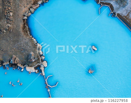 Aerial view of the Blue lagoon in Iceland. The most famous and popular SPA place in Iceland. Landscape from air. Vacation image. Blue and hot water in geothermal lake. 116227958