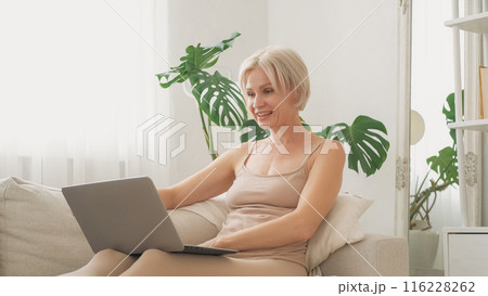 Online conversation. Video meeting. Happy smiling woman talking on laptop call sitting in armchair enjoying communication leisure in cozy home interior. Online conversation. Video meeting. Happy smiling woman talking on laptop call sitting in armchair enjoying communication leisure in cozy home interior. 116228262