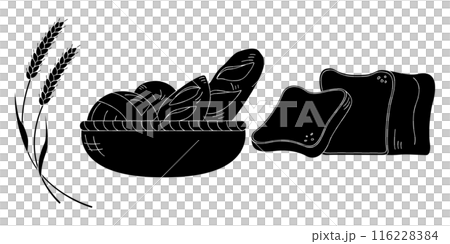 Wheat and bread silhouette illustration set, bread in a basket, sliced bread 116228384
