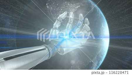 Image of light trails over robotic hand and globe on black background 116228471