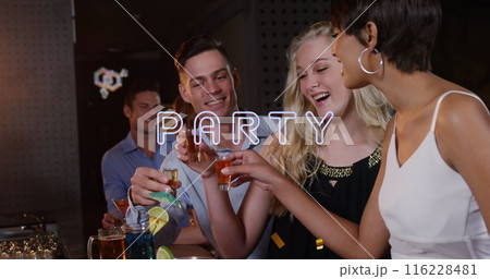 Image of party text over diverse friends in bar 116228481