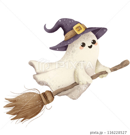 Watercolor Hand drawn illustration Rustic watercolor cute ghost witch riding on a broom stick isolated spooky halloween cartoon character element 116228527