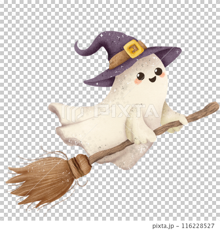 Watercolor Hand drawn illustration Rustic watercolor cute ghost witch riding on a broom stick isolated spooky halloween cartoon character element 116228527