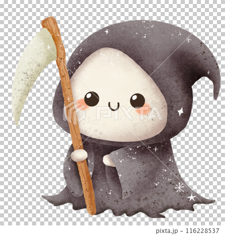 Watercolor Hand drawn illustration Rustic watercolor cute ghost dressed as a grim reaper isolated spooky halloween cartoon character element 116228537
