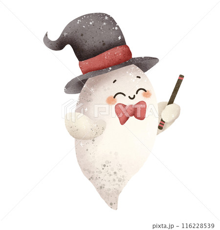 Watercolor Hand drawn illustration Rustic watercolor cute ghost dressed as a magician isolated spooky halloween cartoon character element Watercolor Hand drawn illustration Rustic watercolor cute ghost dressed as a magician isolated spooky halloween cartoon character element 116228539
