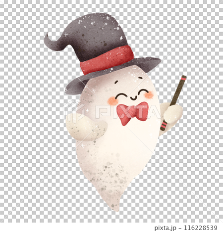 Watercolor Hand drawn illustration Rustic watercolor cute ghost dressed as a magician isolated spooky halloween cartoon character element Watercolor Hand drawn illustration Rustic watercolor cute ghost dressed as a magician isolated spooky halloween cartoon character element 116228539