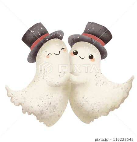 Watercolor Hand drawn illustration Rustic watercolor cute ghosts wearing top hats dancing isolated spooky halloween cartoon character element 116228543