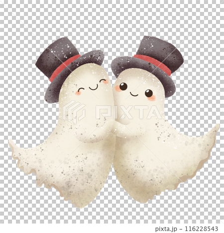 Watercolor Hand drawn illustration Rustic watercolor cute ghosts wearing top hats dancing isolated spooky halloween cartoon character element 116228543