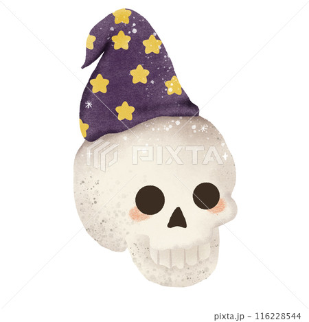 Watercolor Hand drawn illustration a cute skull wearing a hat with stars isolated spooky halloween element Watercolor Hand drawn illustration a cute skull wearing a hat with stars isolated spooky halloween element 116228544